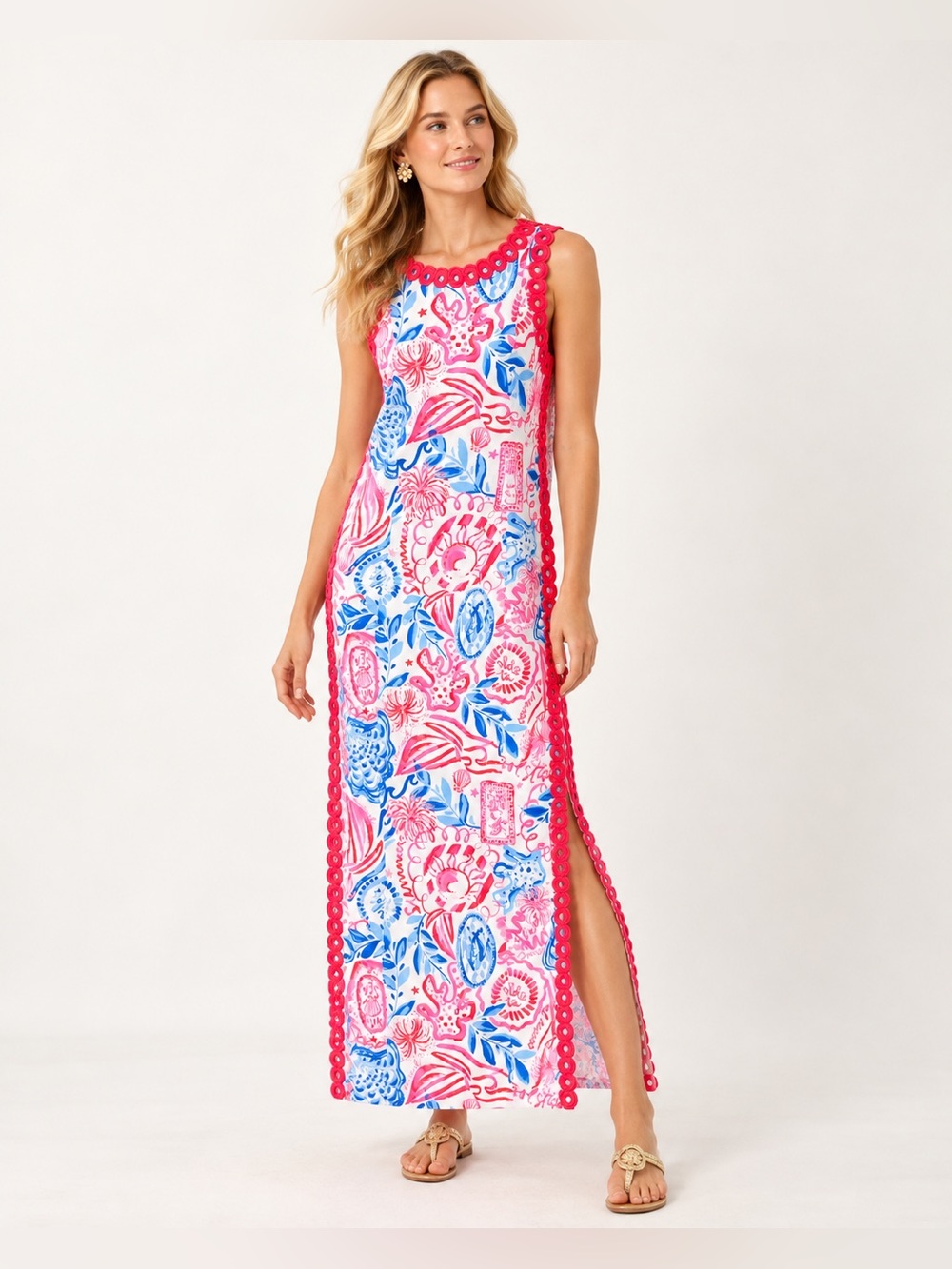 Lilly Pulitzer Pink Blue Nautical Print Maxi Dress Size 0 Eyelet Trim